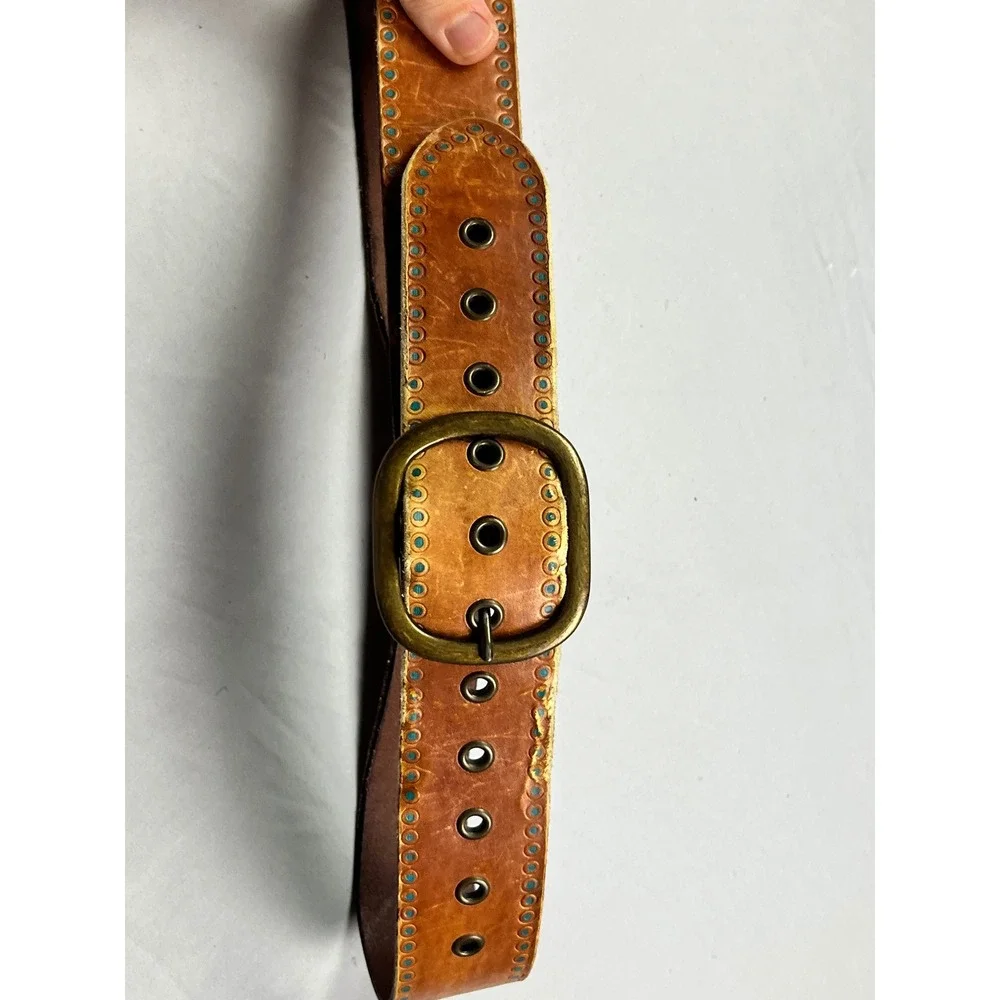 Hollister Tan Genuine Leather Grommet Belt Turquoise Dots Brass Buckle Small